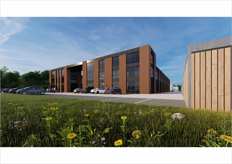 Voor- en zijaanzicht bedrijvenverzamelgebouw